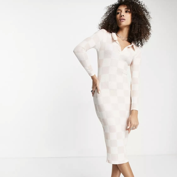 ASOS checkered midi dress in cream and blush pink, NWOT - Picture 1 of 8